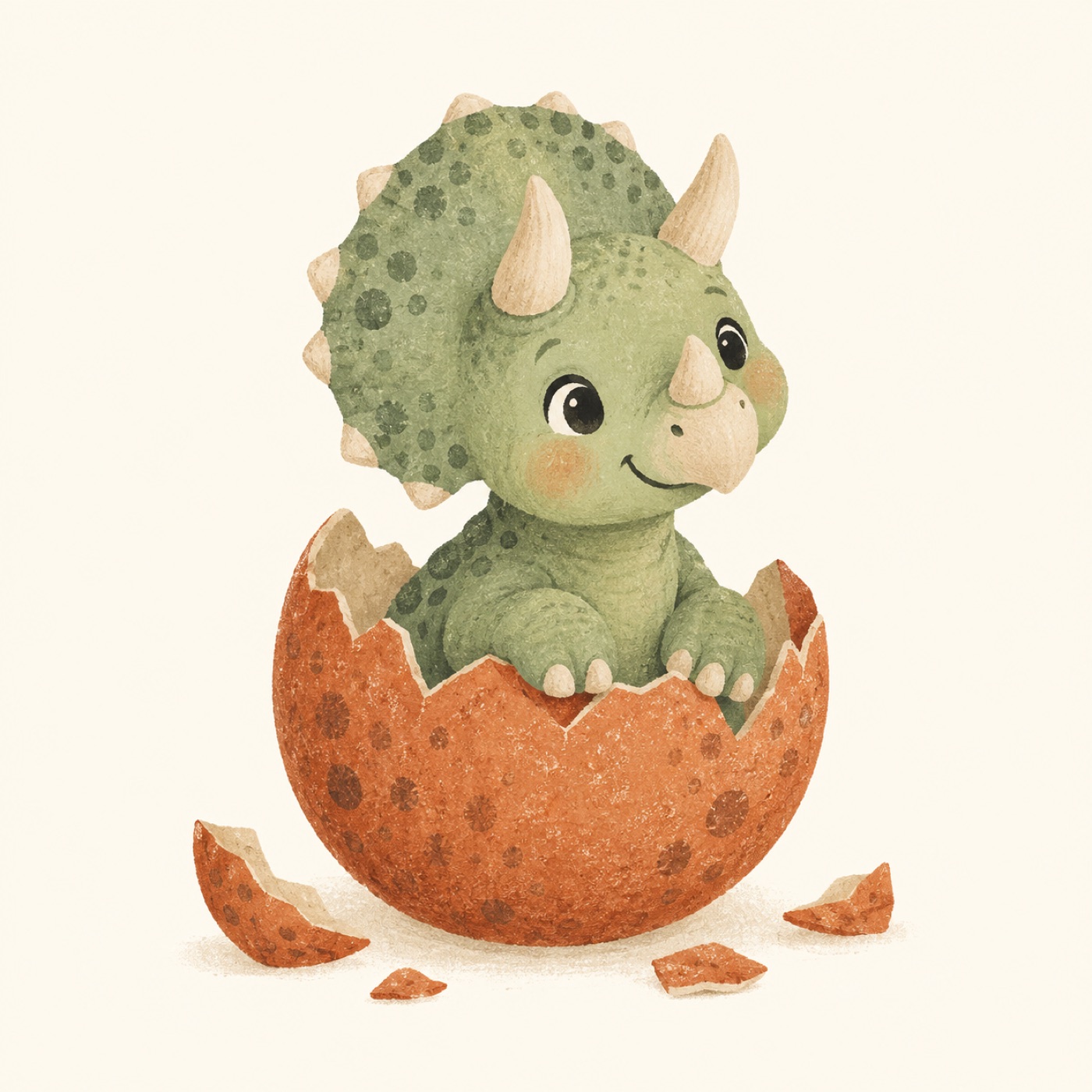 Original illustration of a baby ceratopsian hatching from an egg