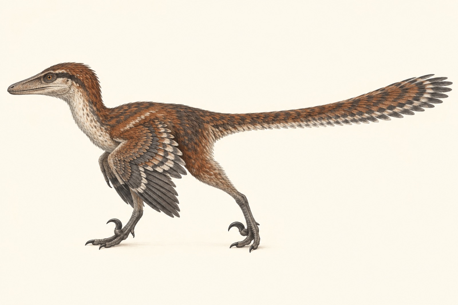 Evidence-informed original illustration of a feathered Velociraptor
